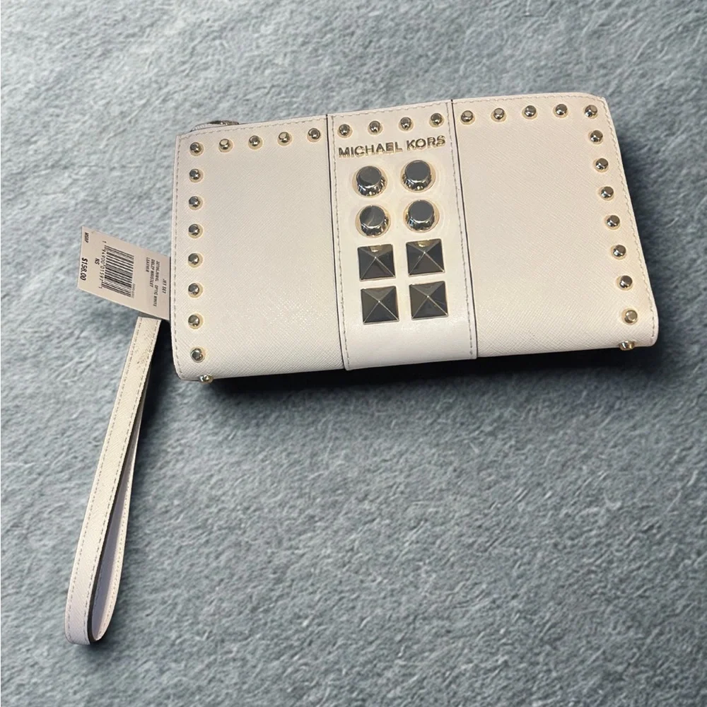 Michael Kors Optic White, Double Zip Leather Wristlet, Designer NWT, Gold Stud